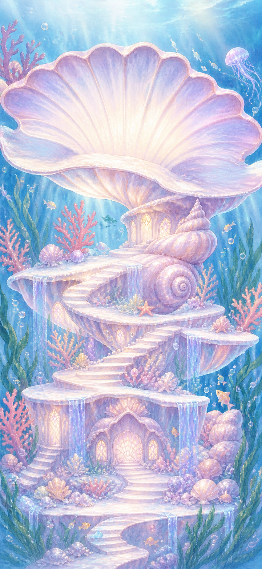 A luminous pearl-shell palace beneath a blue ocean, surrounded by coral and drifting jellyfish
