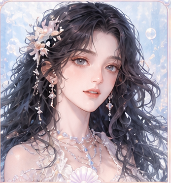 Xi Yue, an illustrated AI character wearing pearl jewelry